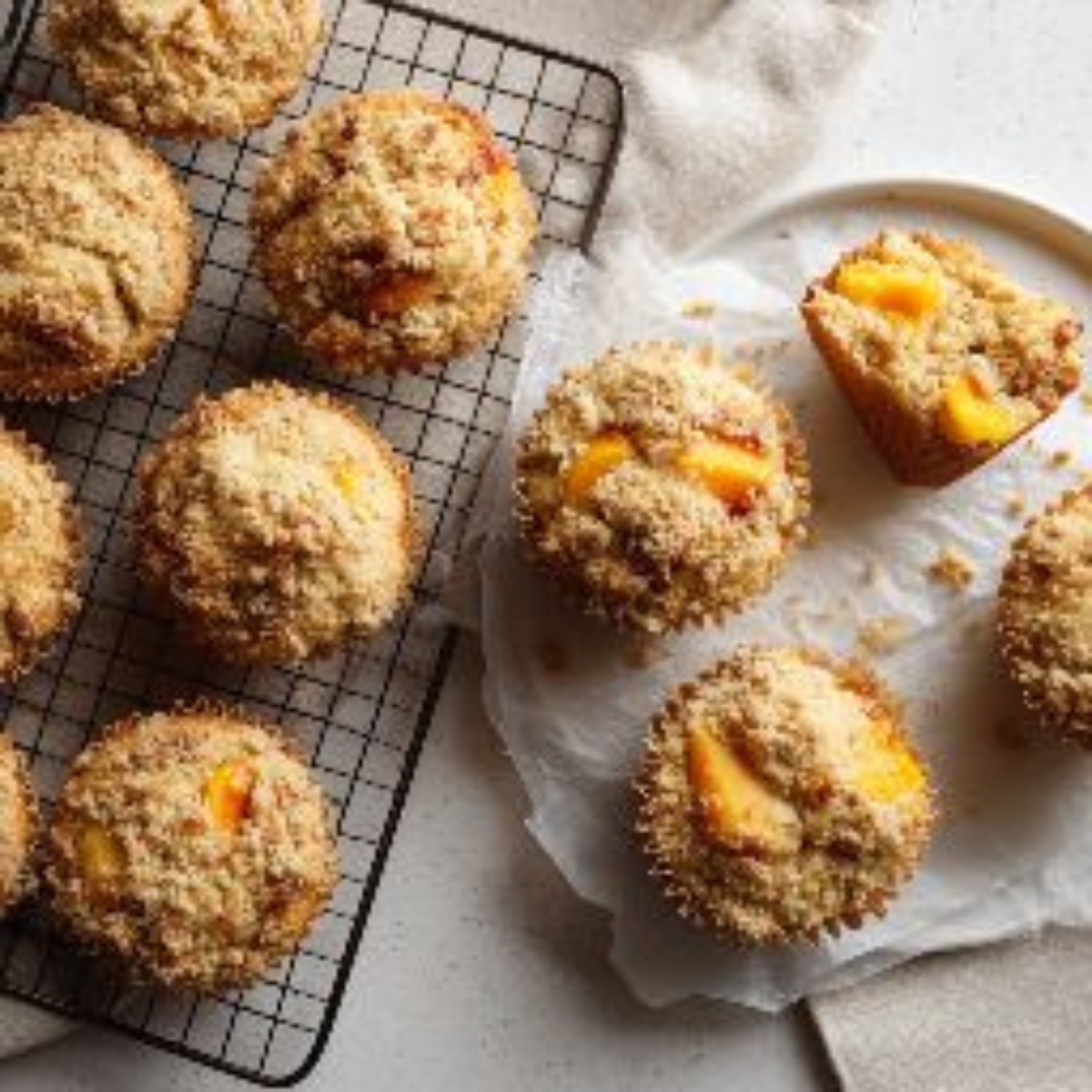 fresh peach muffins ingredients laid out on white counter