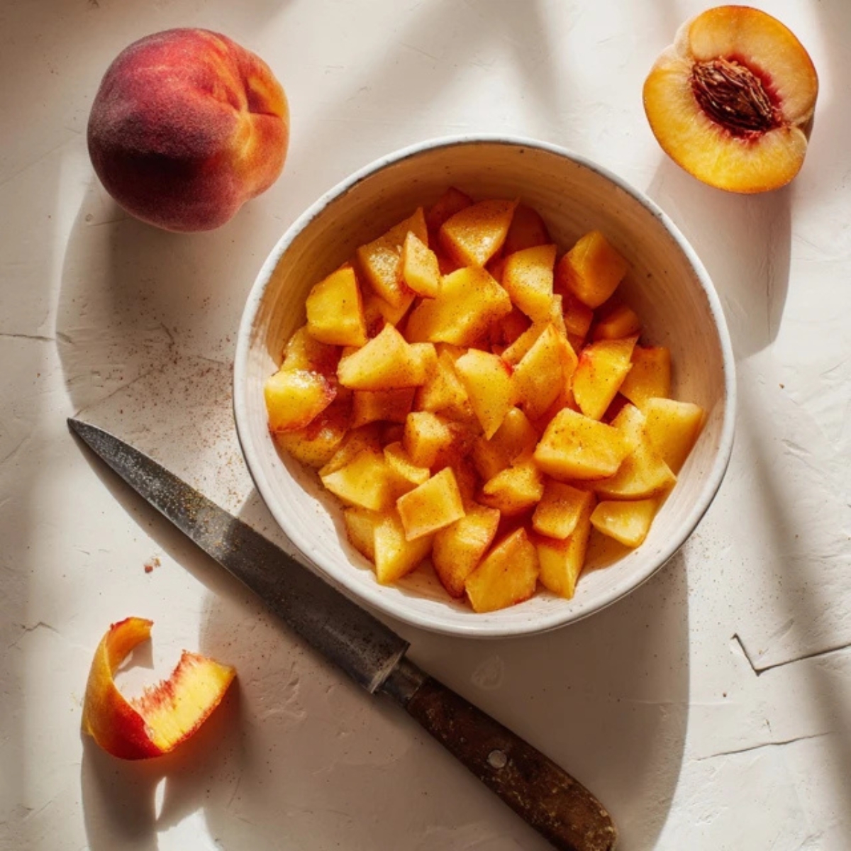 Diced peaches tossed with cinnamon and sugar in a bowl on white counter

