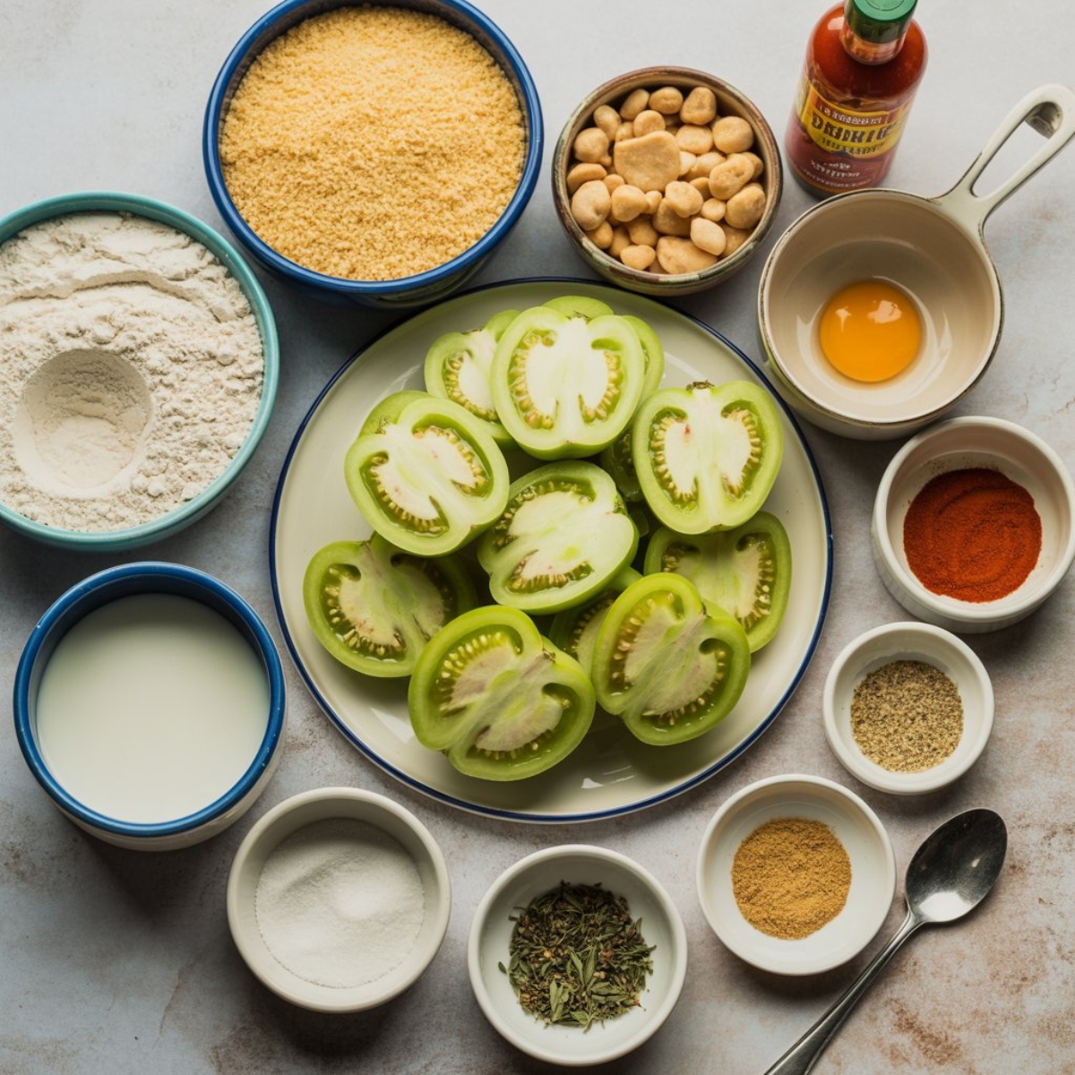 air fryer fried green tomatoes ingredients flat lay