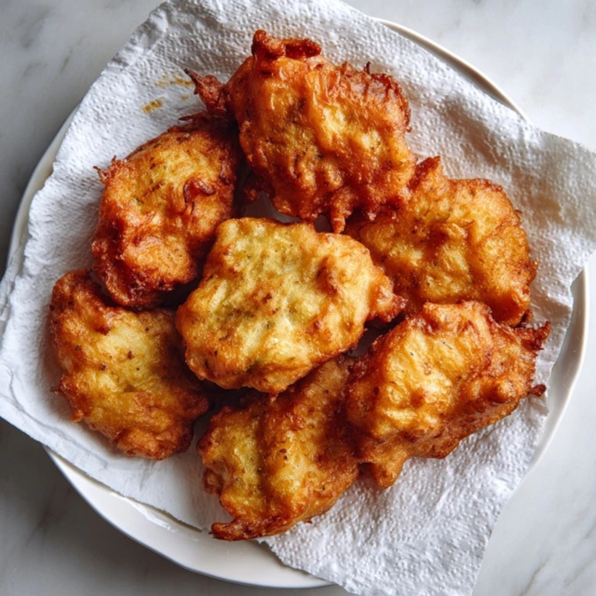 Golden peach fritters cooling on paper towel after frying

