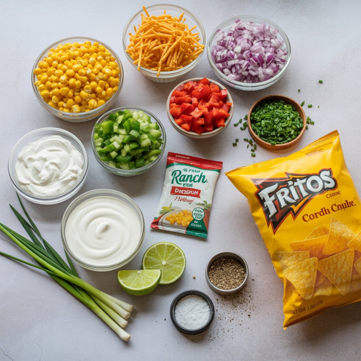  Frito corn salad ingredients laid out on kitchen counter
