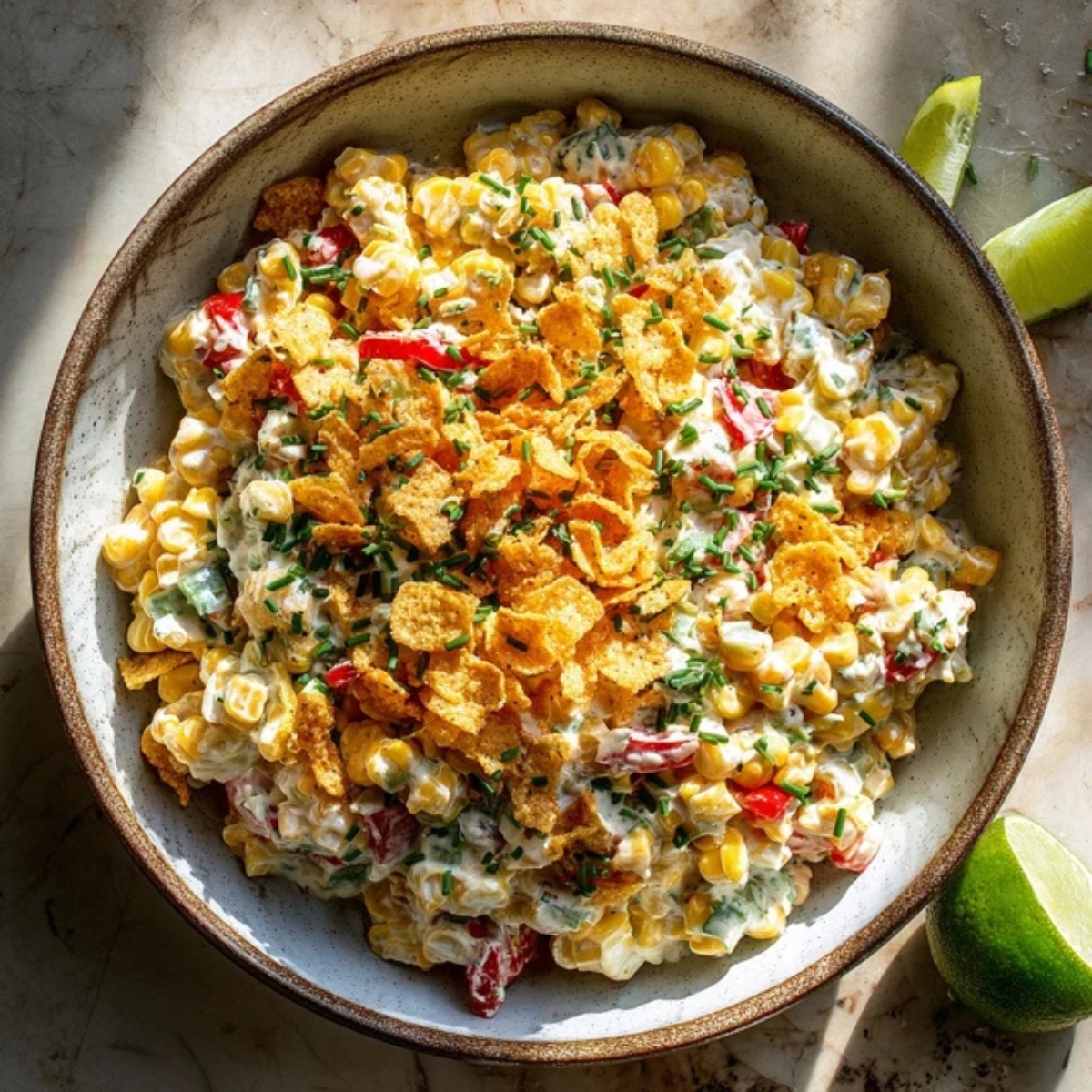 Homemade frito corn salad in bowl topped with crushed Fritos