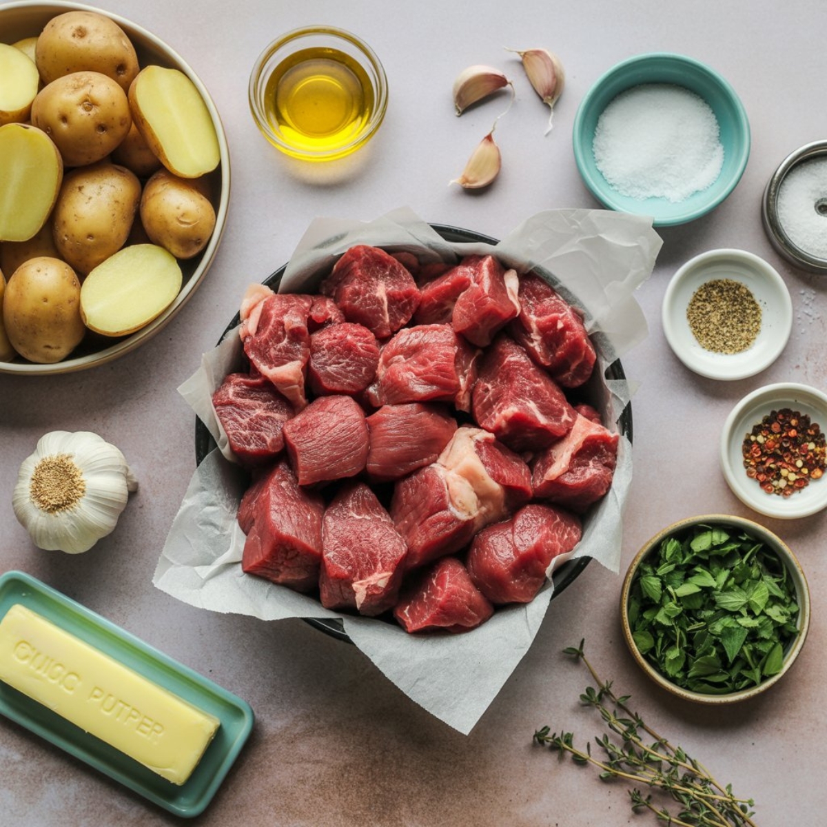 Ingredients for garlic butter steak bites and potatoes on counter

