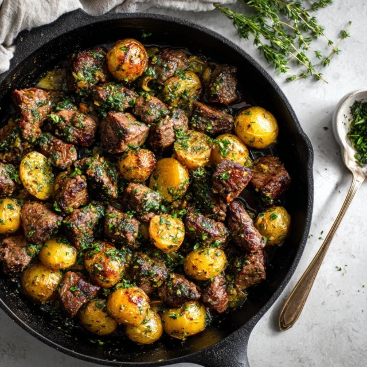 Garlic butter steak bites and potatoes in skillet on white counter