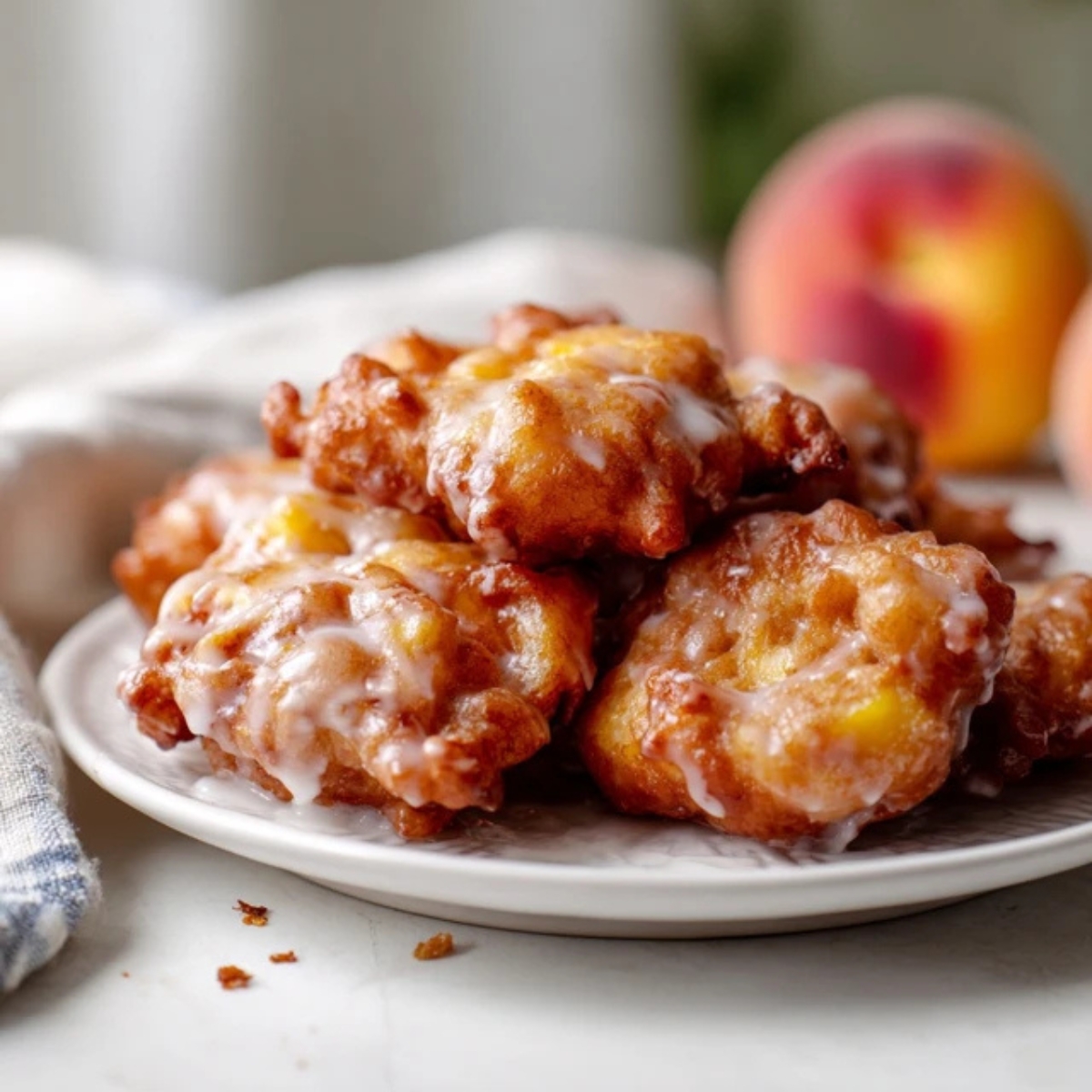 Glazed peach fritters on a plate with powdered sugar
