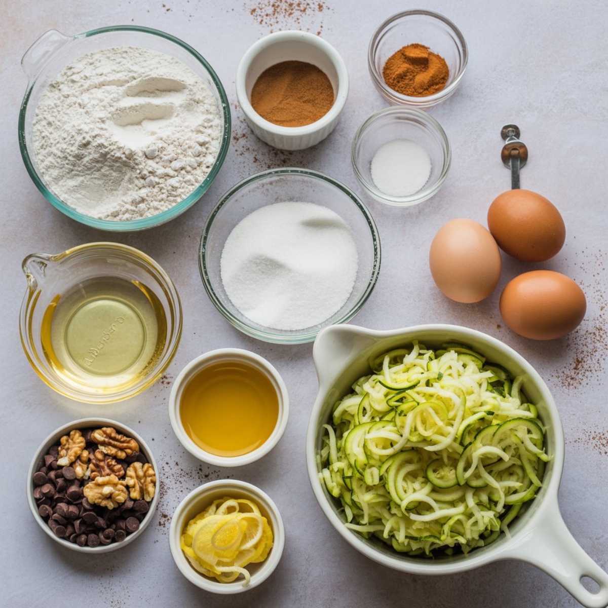 Gluten free zucchini bread ingredients measured on white counter