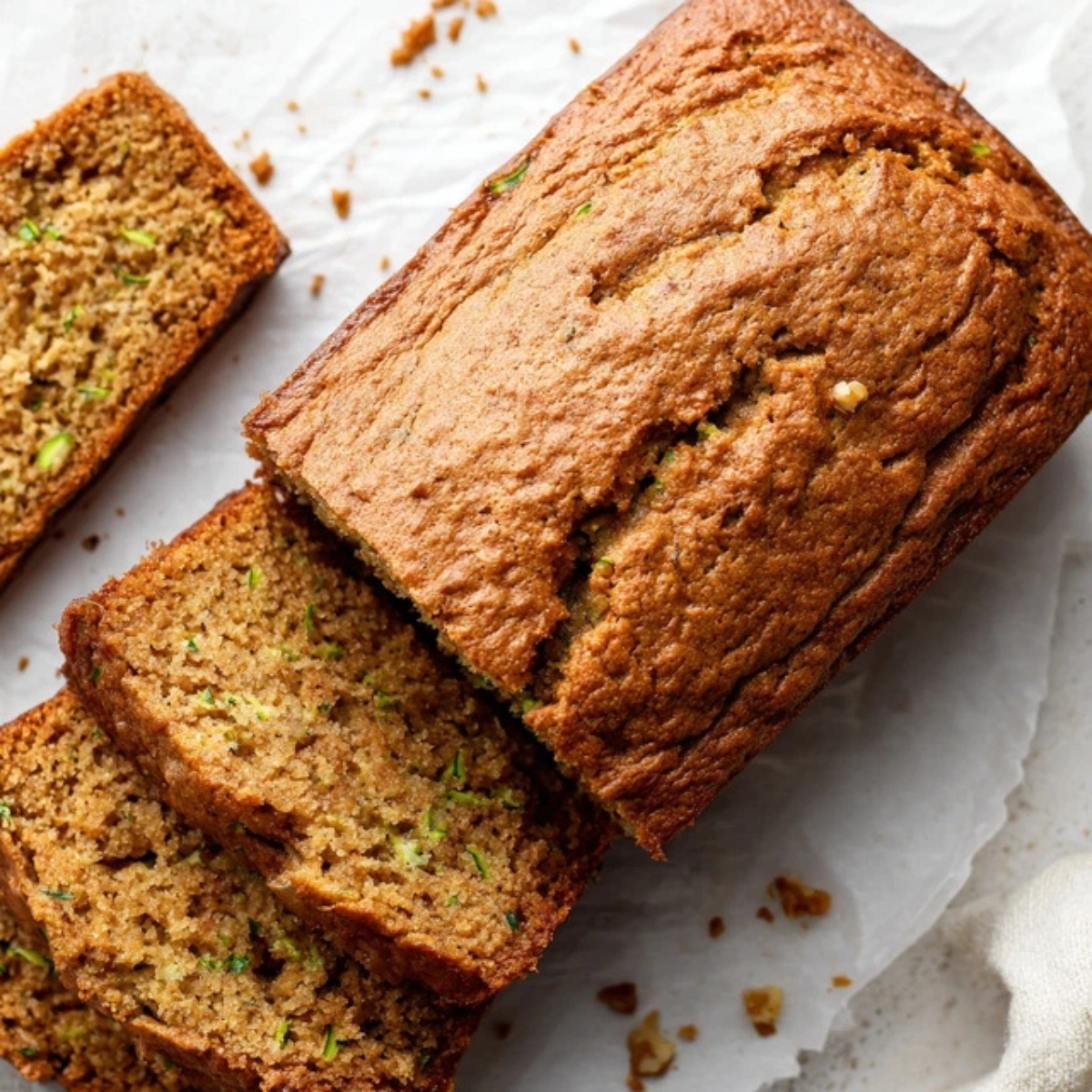 Moist gluten free zucchini bread with slices on white counter