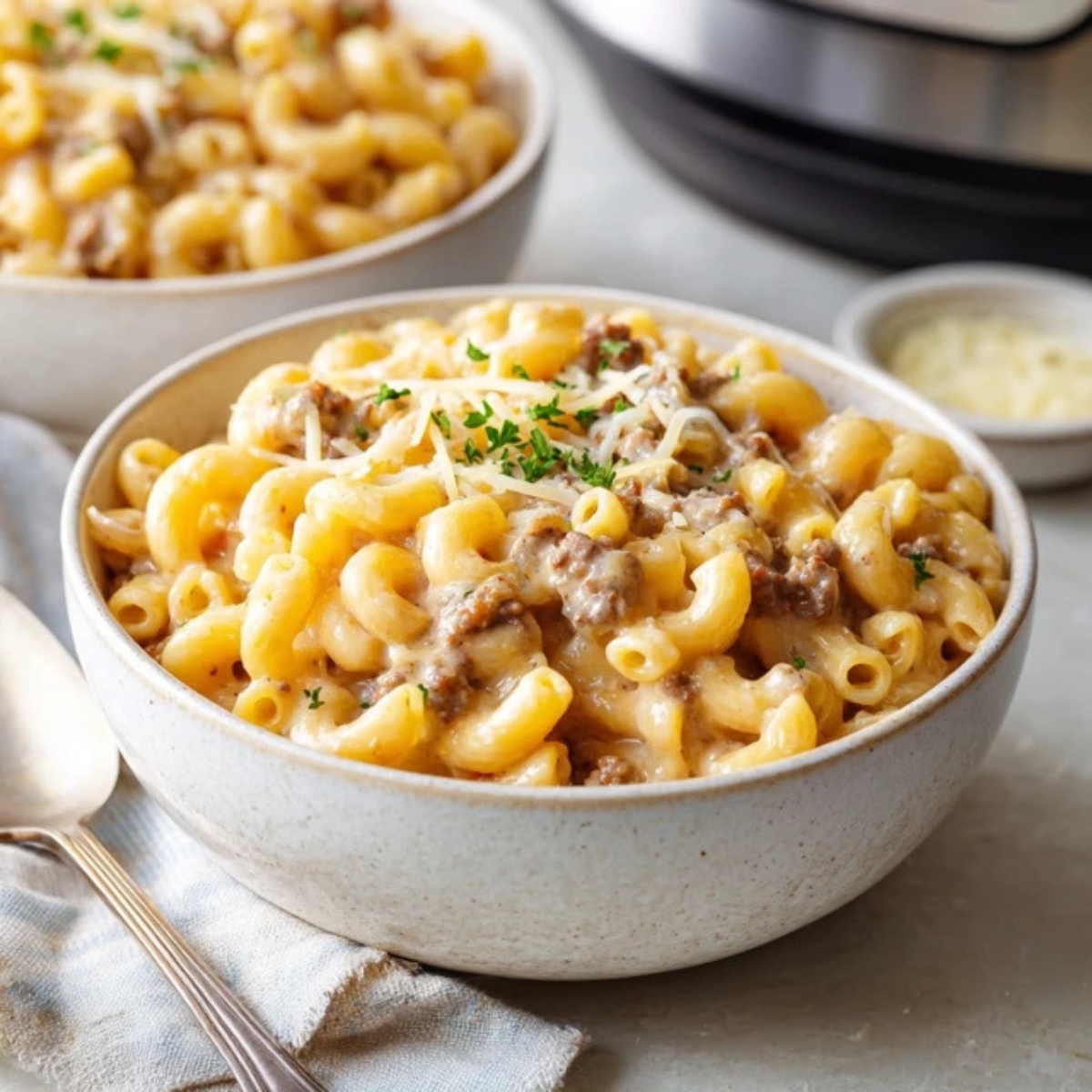 bowl of hamburger helper instant pot on white kitchen counter