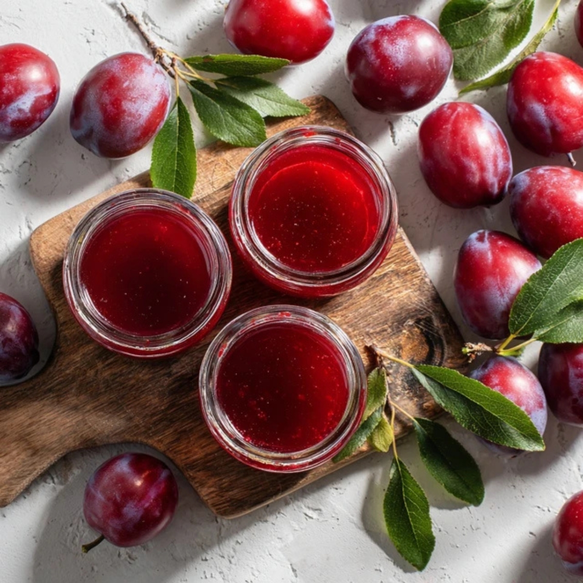 Homemade plum jelly in glass jars with fresh plums on white kitchen counter

