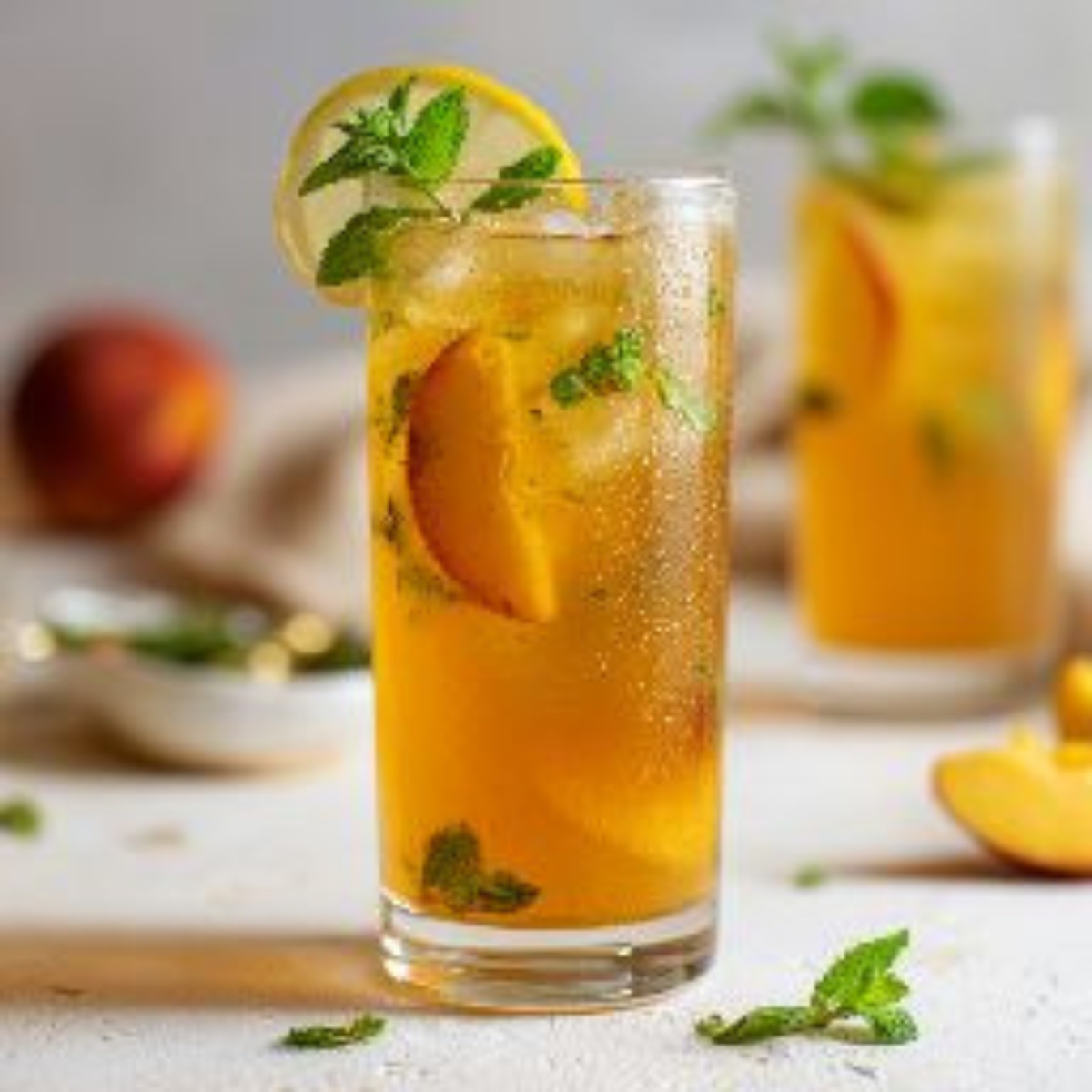 Homemade iced peach green tea lemonade in glass with lemon and mint