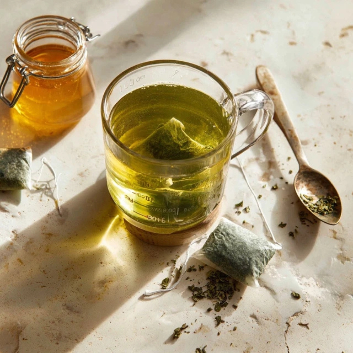 Brewing green tea for iced peach lemonade on white kitchen counter
