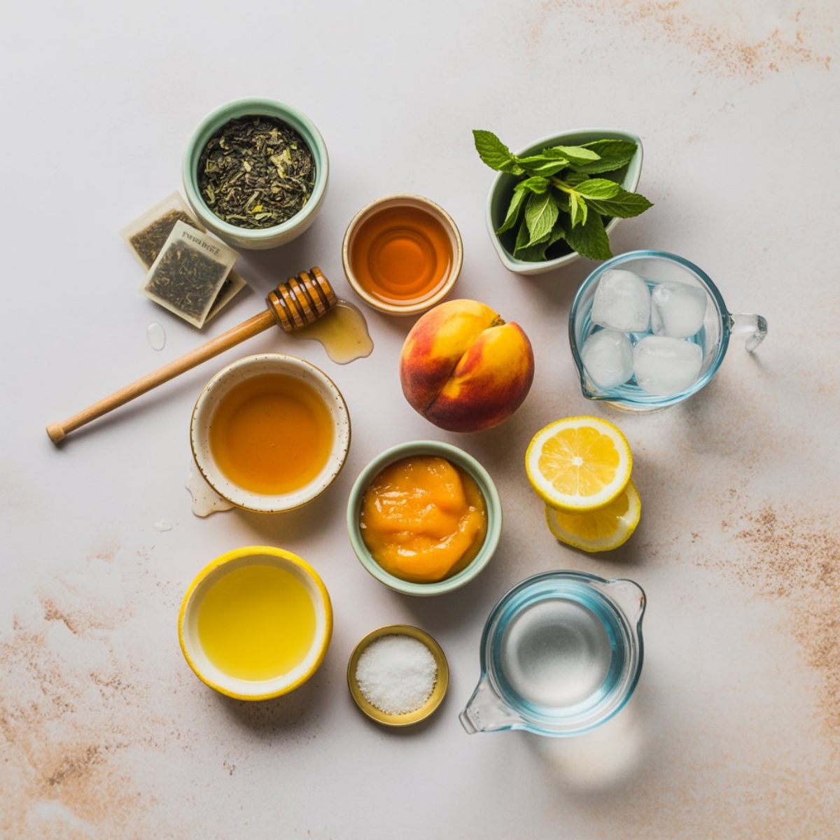 Peach green tea lemonade ingredients in bowls on white counter