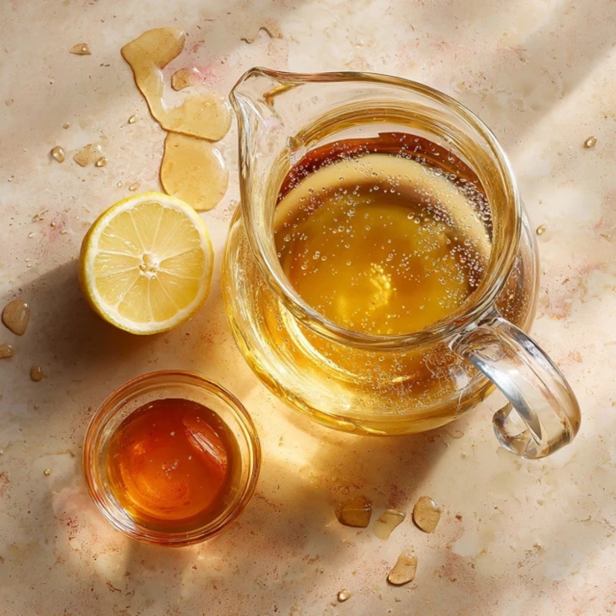 Mixing tea, peach syrup, and lemon juice in glass pitcher