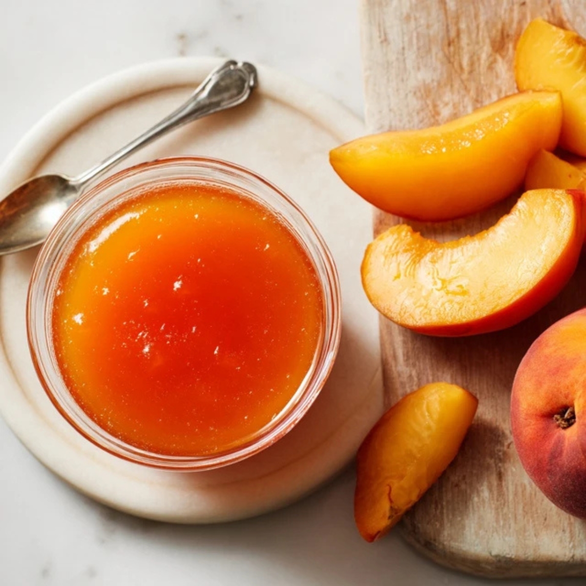 Peach syrup and puree for green tea lemonade on counter