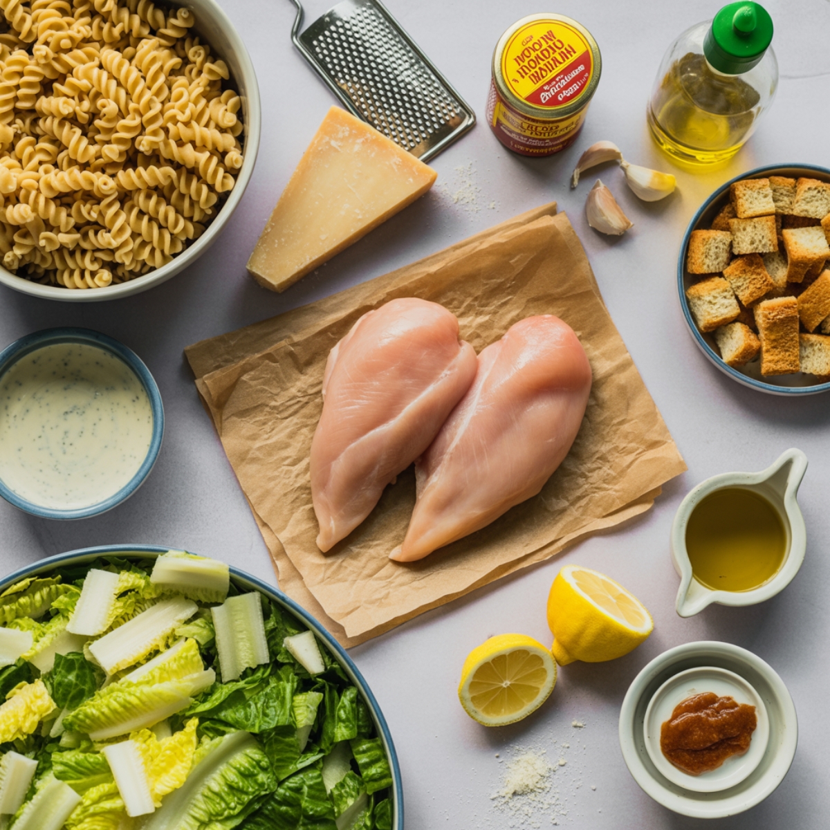chicken caesar pasta salad ingredients arranged on white kitchen counter