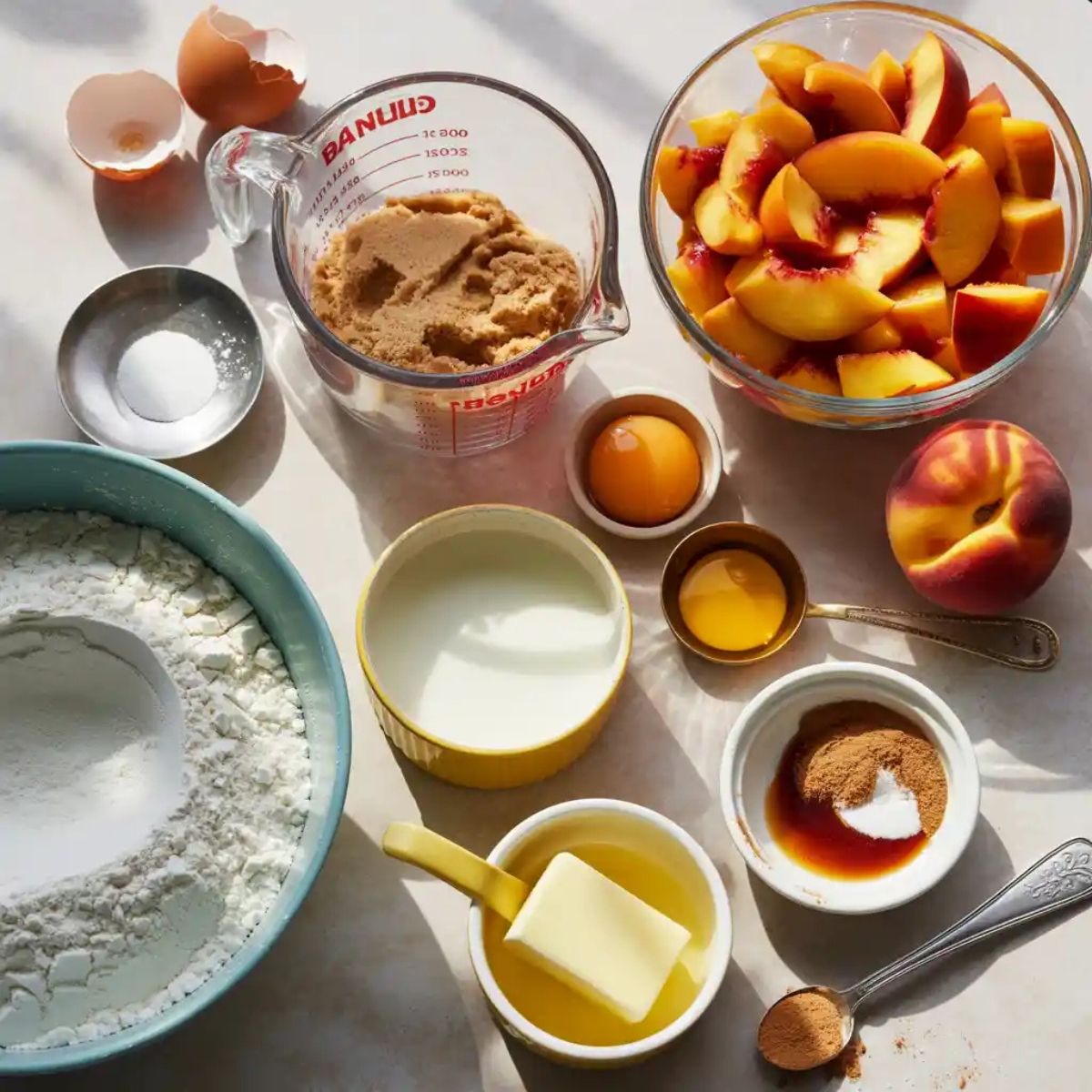 Measured ingredients for homemade cinnamon peach bread on kitchen counter