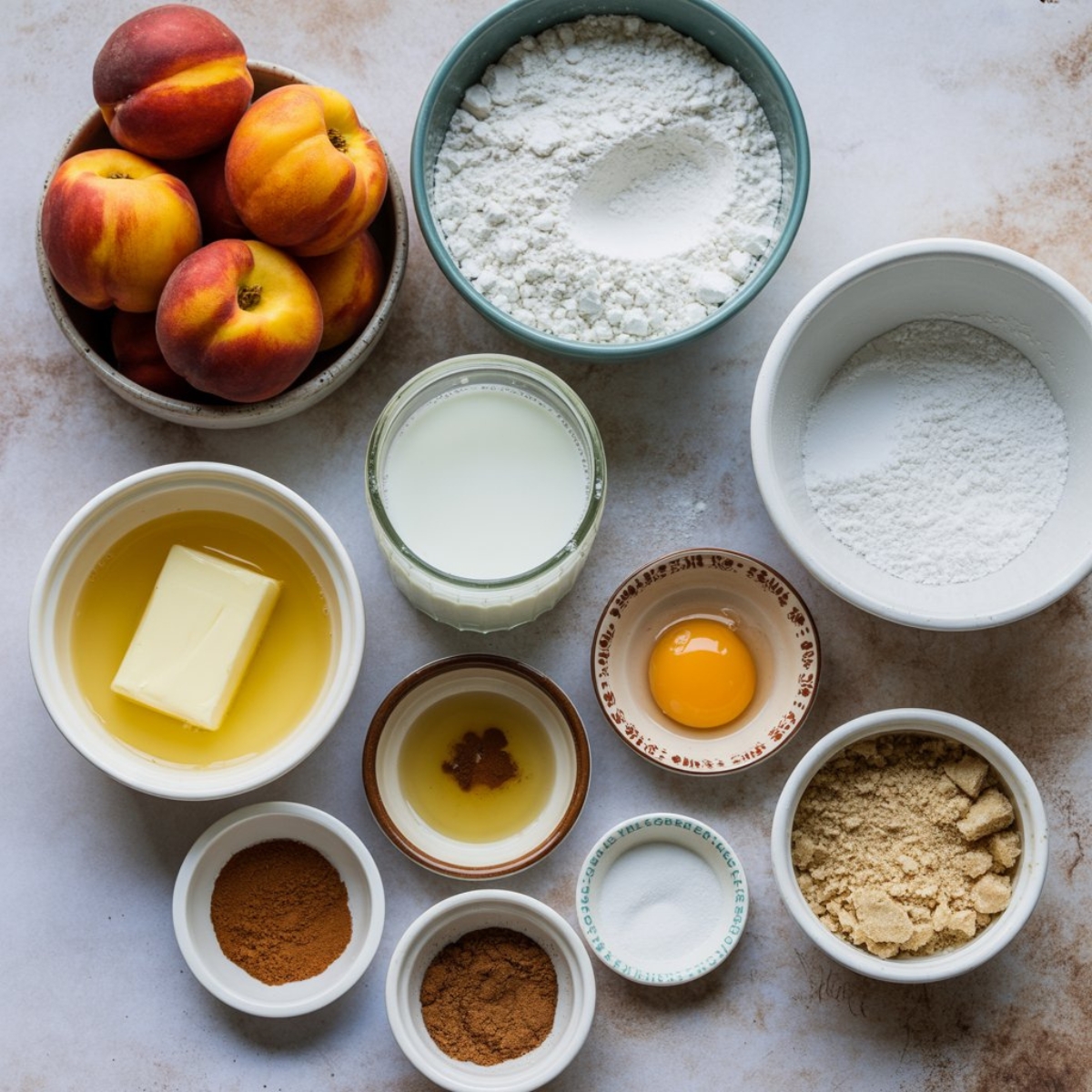fresh peach muffin ingredients laid out on white counter