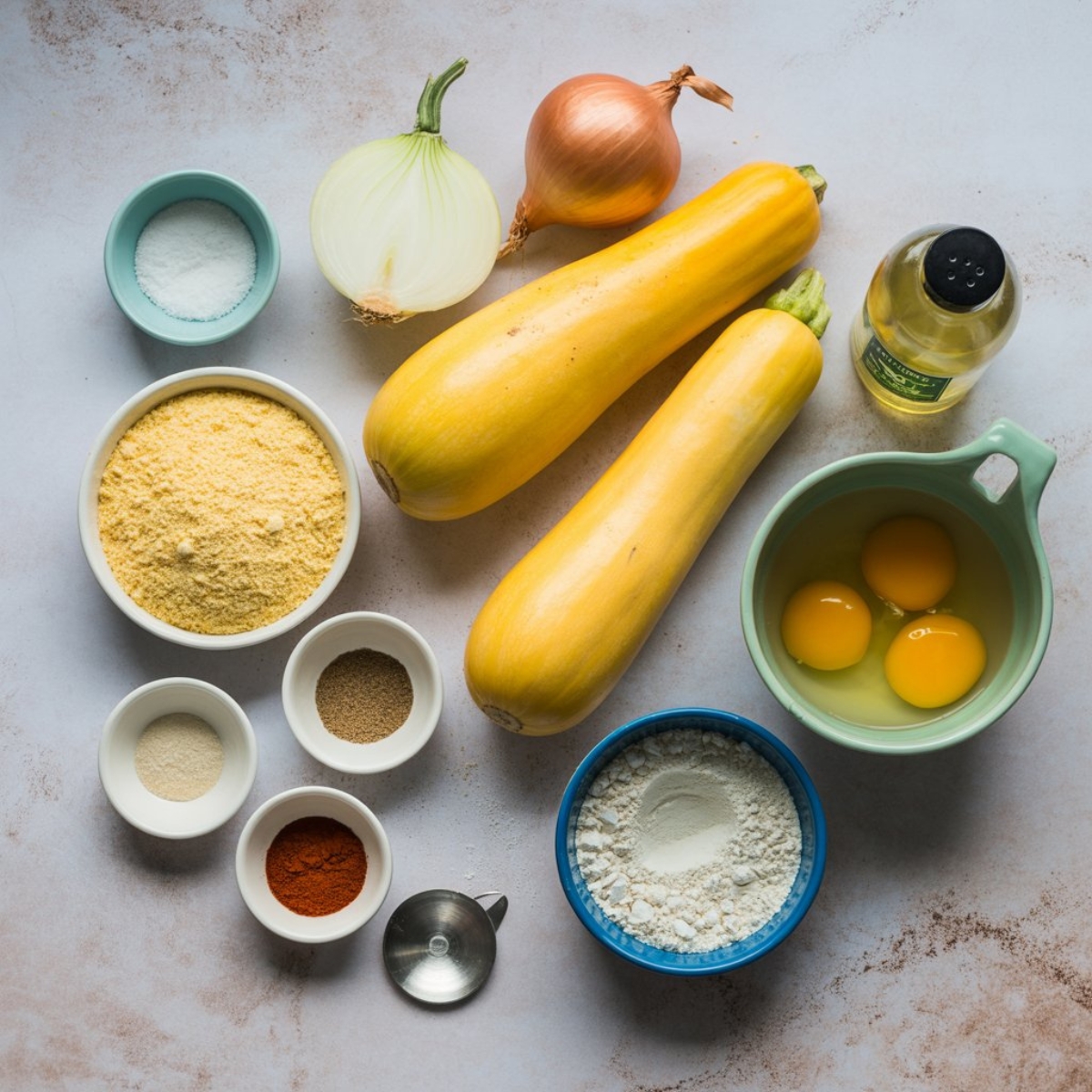  Measured ingredients for fried squash arranged on a white kitchen counter
