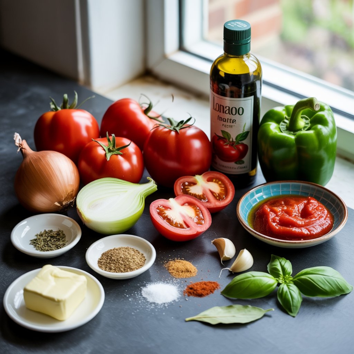 Flat lay of fresh and pantry ingredients for stewed tomatoes, including tomatoes, onion, bell pepper, garlic, olive oil, herbs, and tomato paste on a white kitchen counter.

