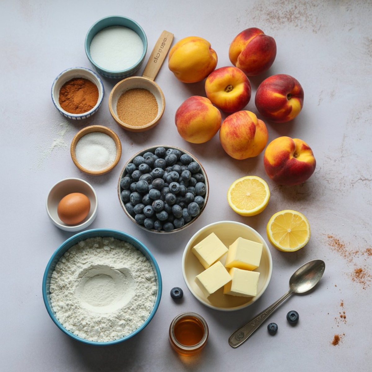 Peach blueberry pie ingredients laid out on white kitchen counter