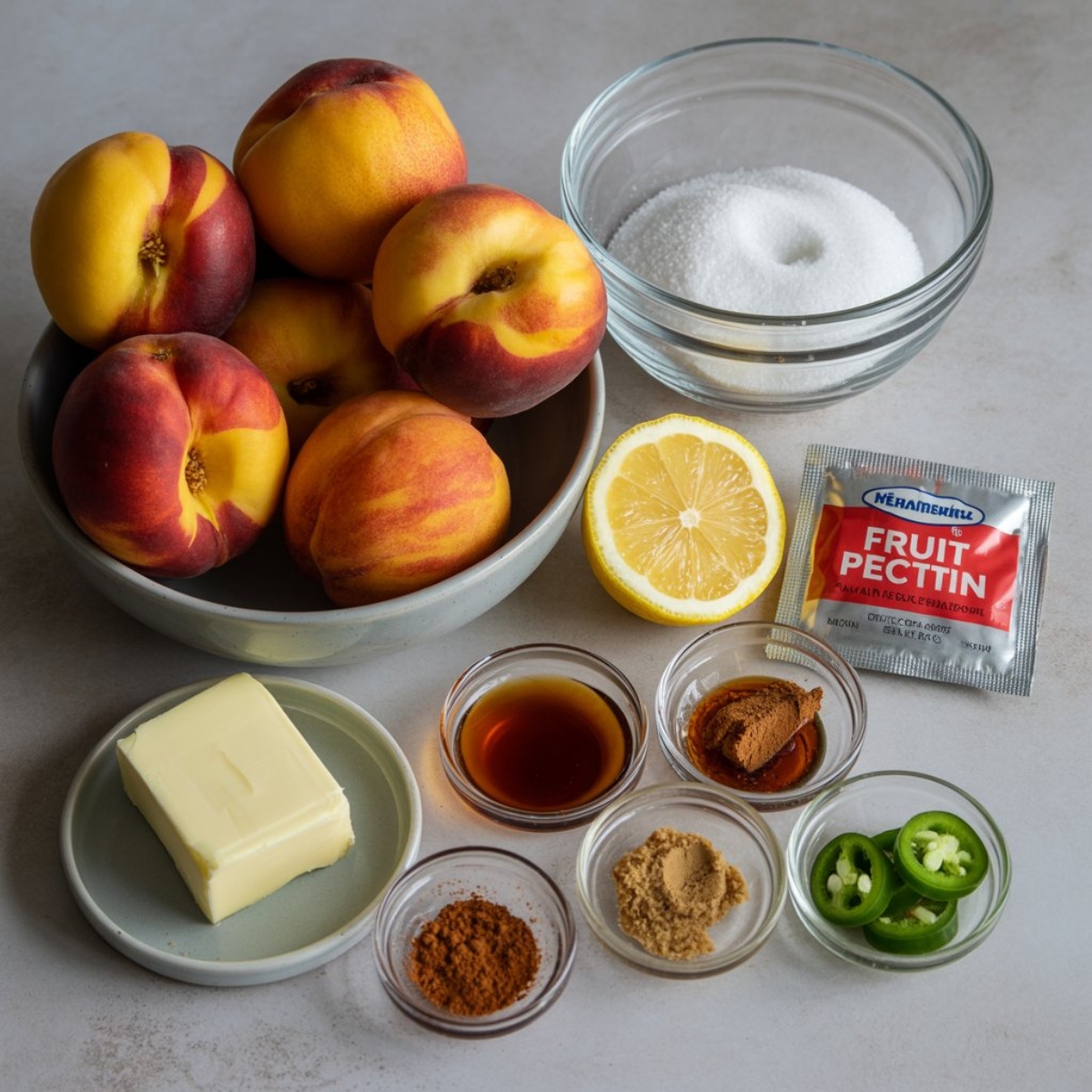  fresh peaches and ingredients laid out for homemade peach jam
