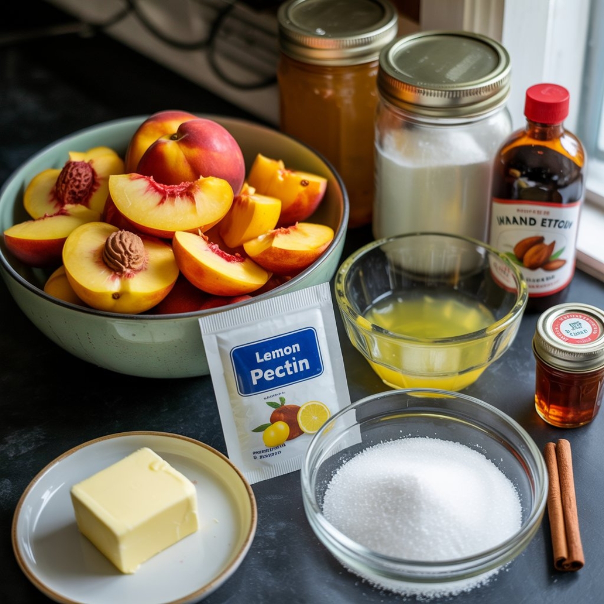 flat lay of peach jelly ingredients on white counter