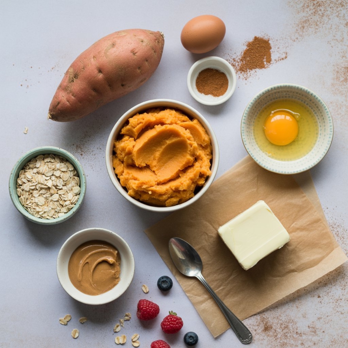 Raw ingredients for sweet potato egg pancakes on kitchen counter

