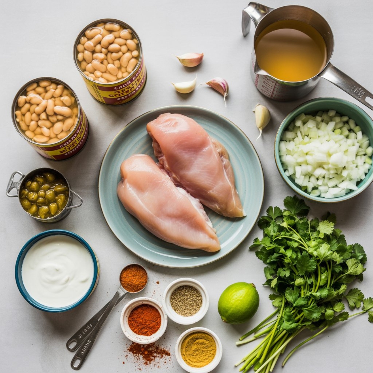 healthy white chicken chili instant pot ingredients on white counter