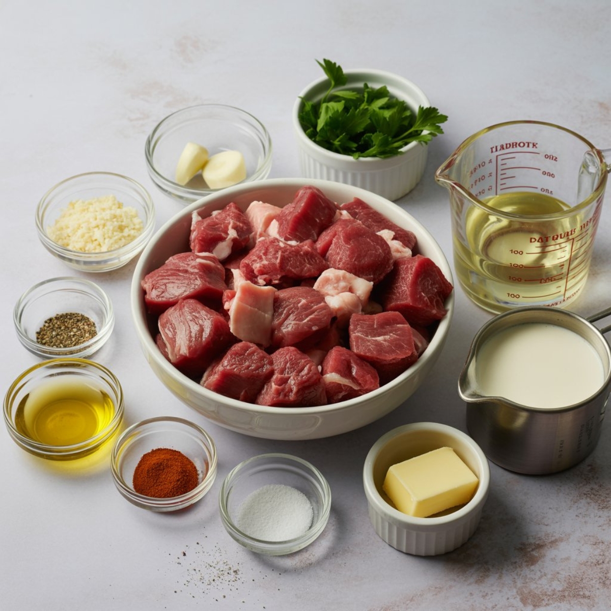 flat lay of ingredients for garlic butter steak bites with parmesan cream sauce