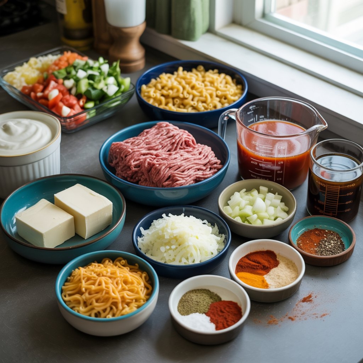 ingredients for hamburger helper instant pot recipe on white counter