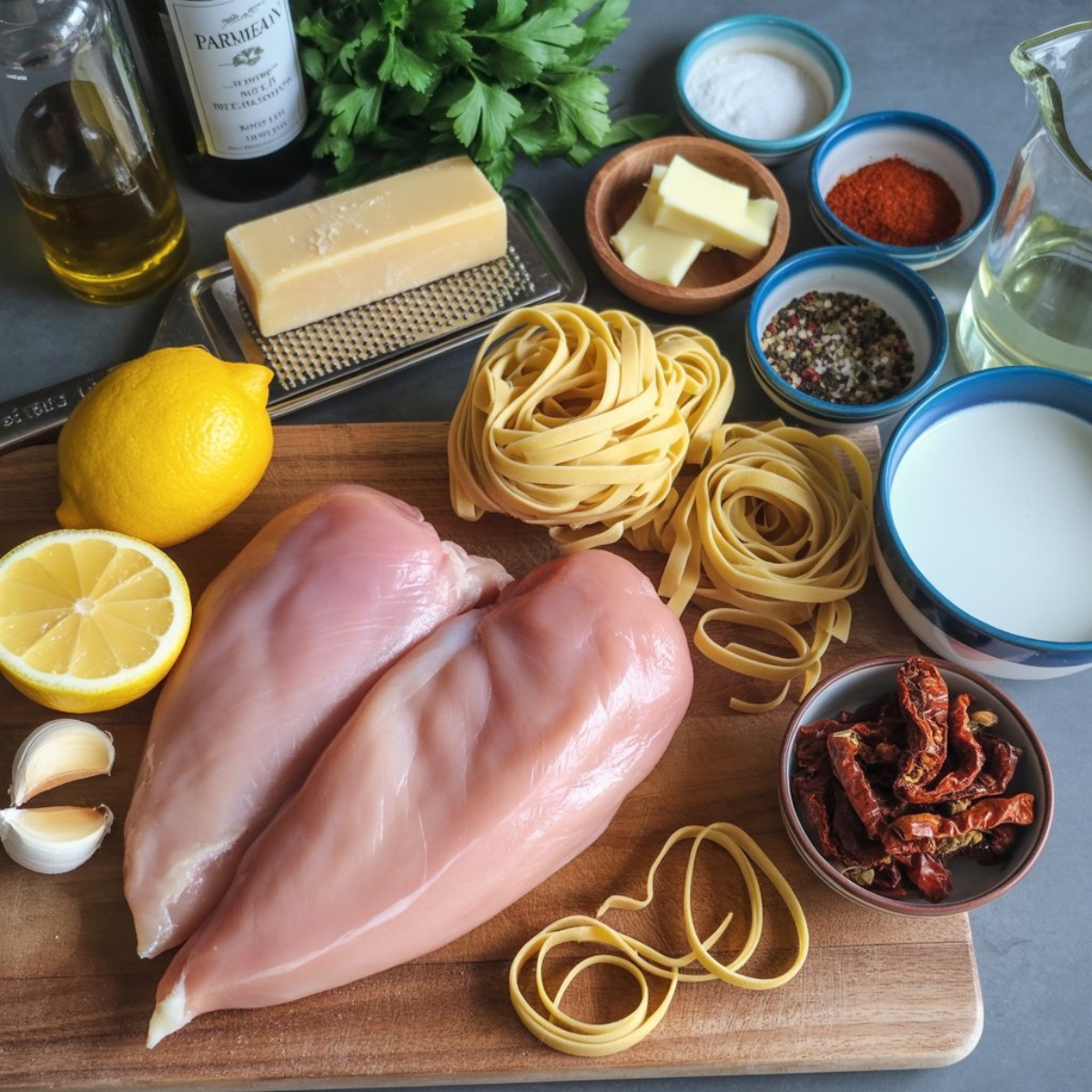 flatlay of lemon garlic chicken pasta ingredients on white counter