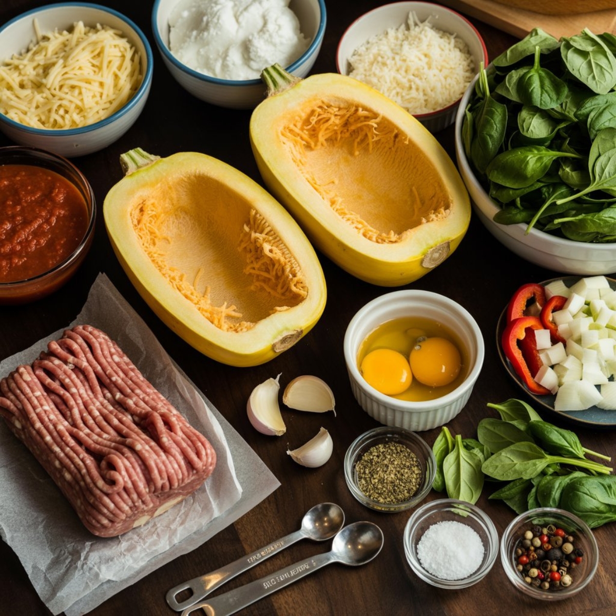 raw ingredients for spaghetti squash casserole on counter
