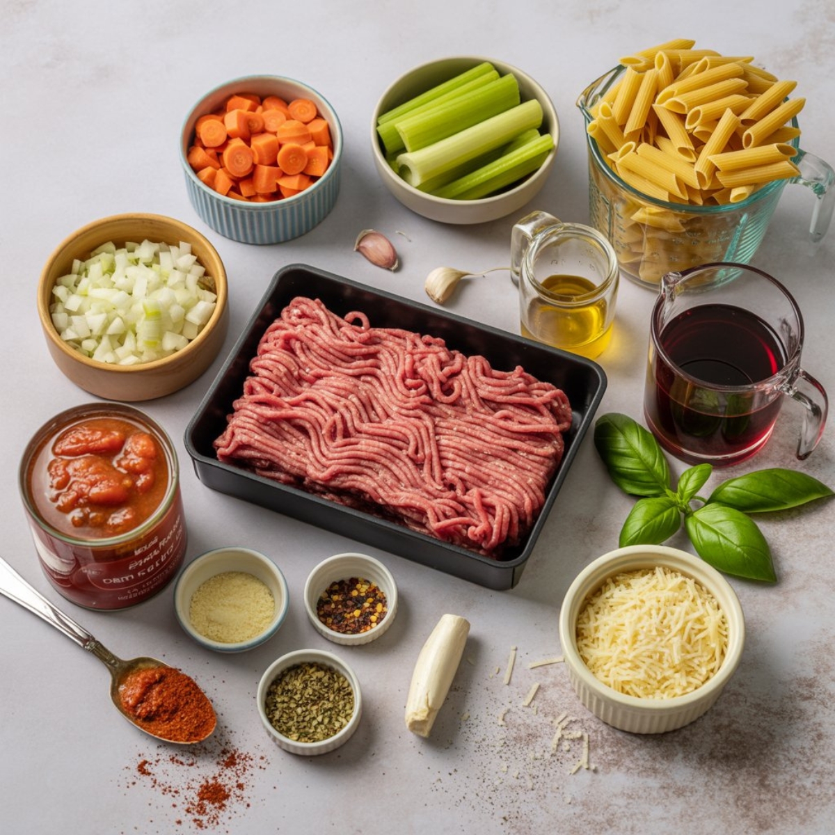 Instant Pot Bolognese Pasta ingredients laid out on white counter