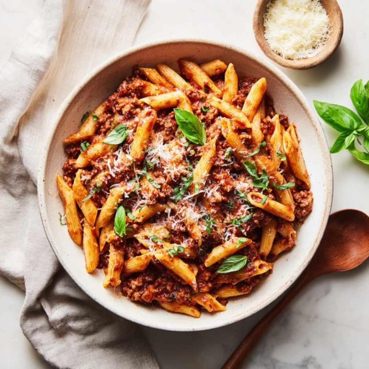 bowl of Instant Pot Bolognese Pasta topped with Parmesan and basil