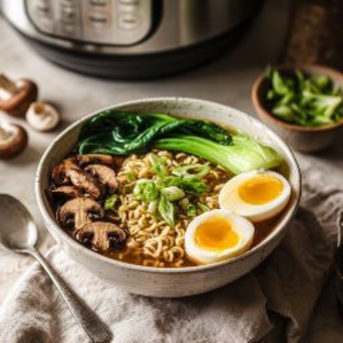 Overhead view of a cozy bowl of Instant Pot ramen noodles topped with soft-boiled egg, bok choy, mushrooms, and scallions on a white kitchen counter.