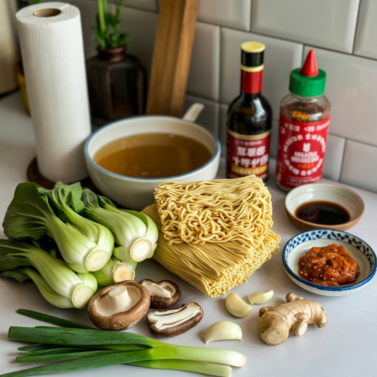 Overhead view of all Instant Pot ramen ingredients laid out on a white kitchen counter, including ramen noodles, bok choy, mushrooms, scallions, garlic, ginger, broth, miso paste, and seasonings.