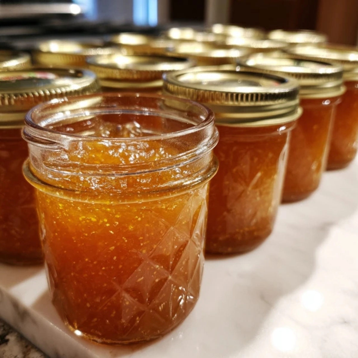 Jars of fresh nectarine jam cooling on a counter

