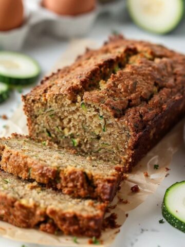 Sliced keto zucchini bread on white counter with visible zucchini and golden crust