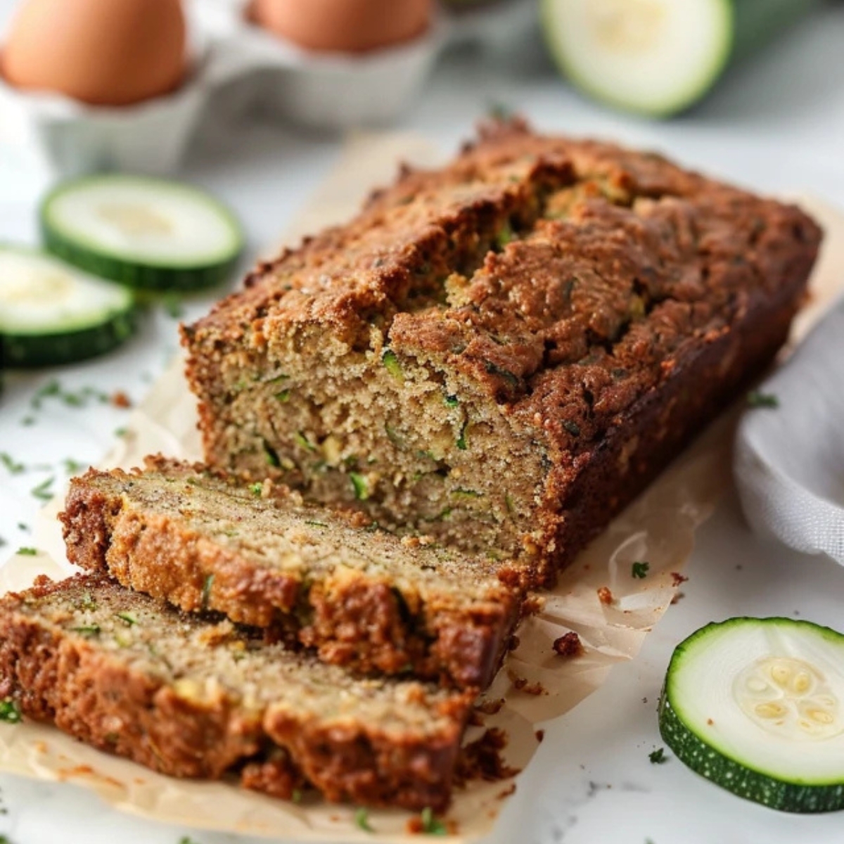 Sliced keto zucchini bread on white counter with visible zucchini and golden crust