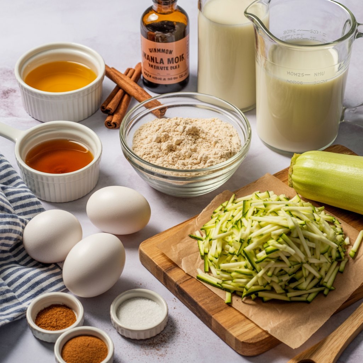 Keto zucchini bread ingredients laid out on white kitchen counter