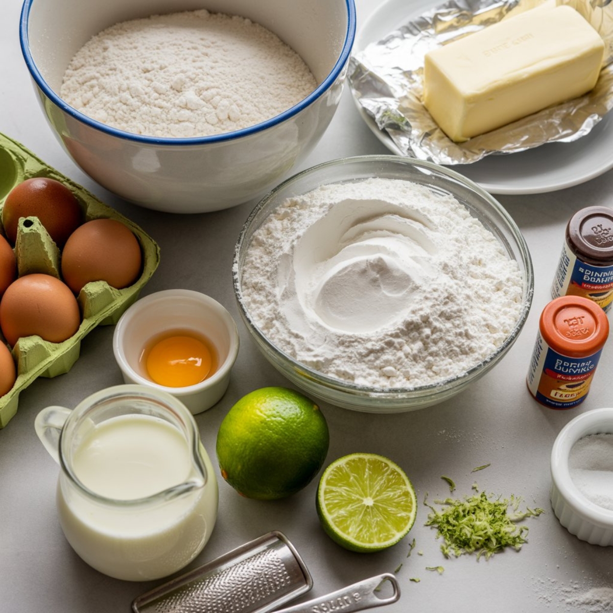  Key Lime Cake ingredients arranged on white counter with fresh limes and butter