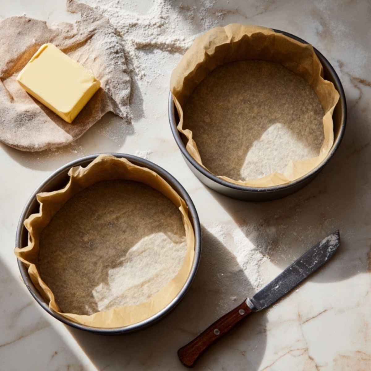 Greased and floured cake pans with parchment on white counter