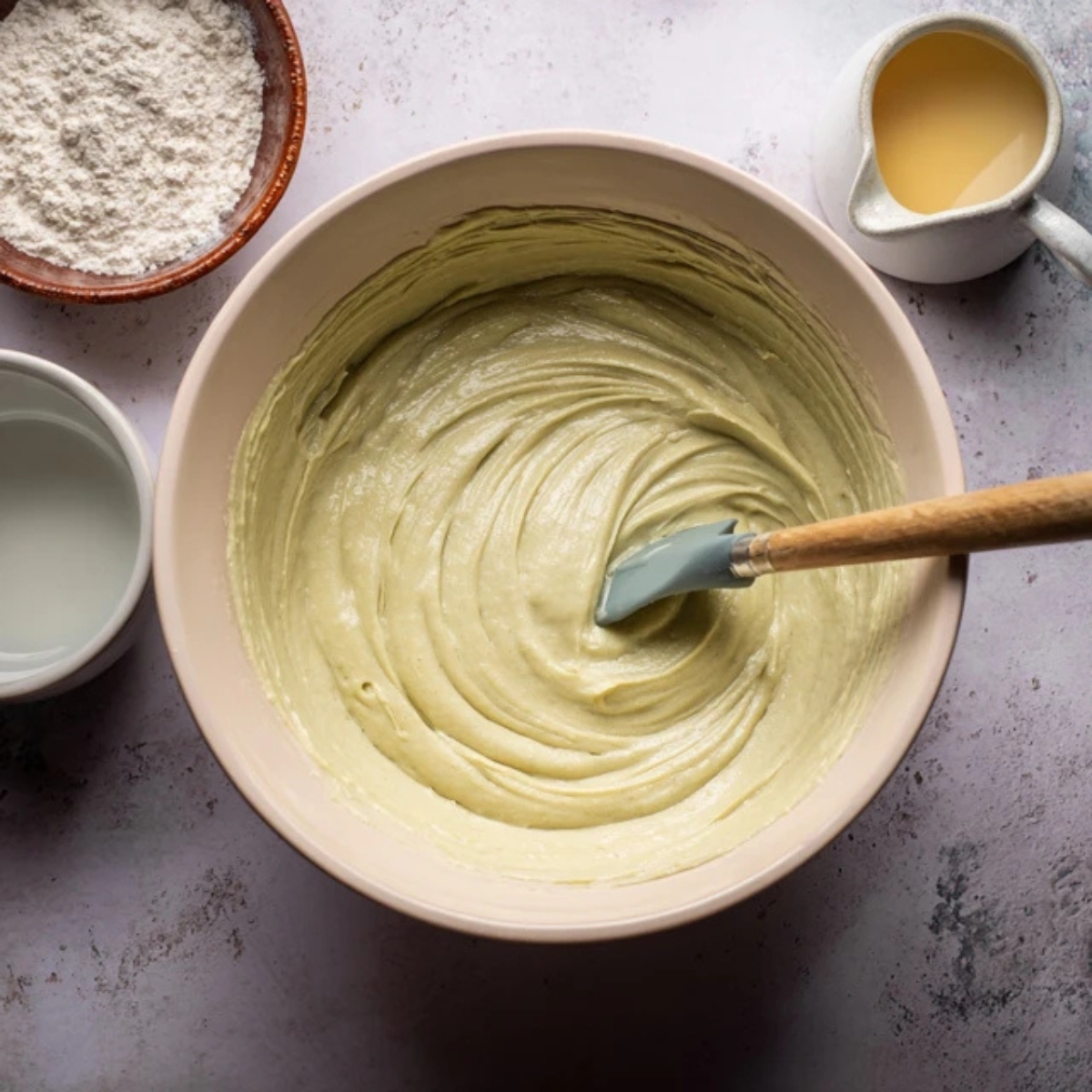 Bowl of folded lime cake batter with spatula resting inside