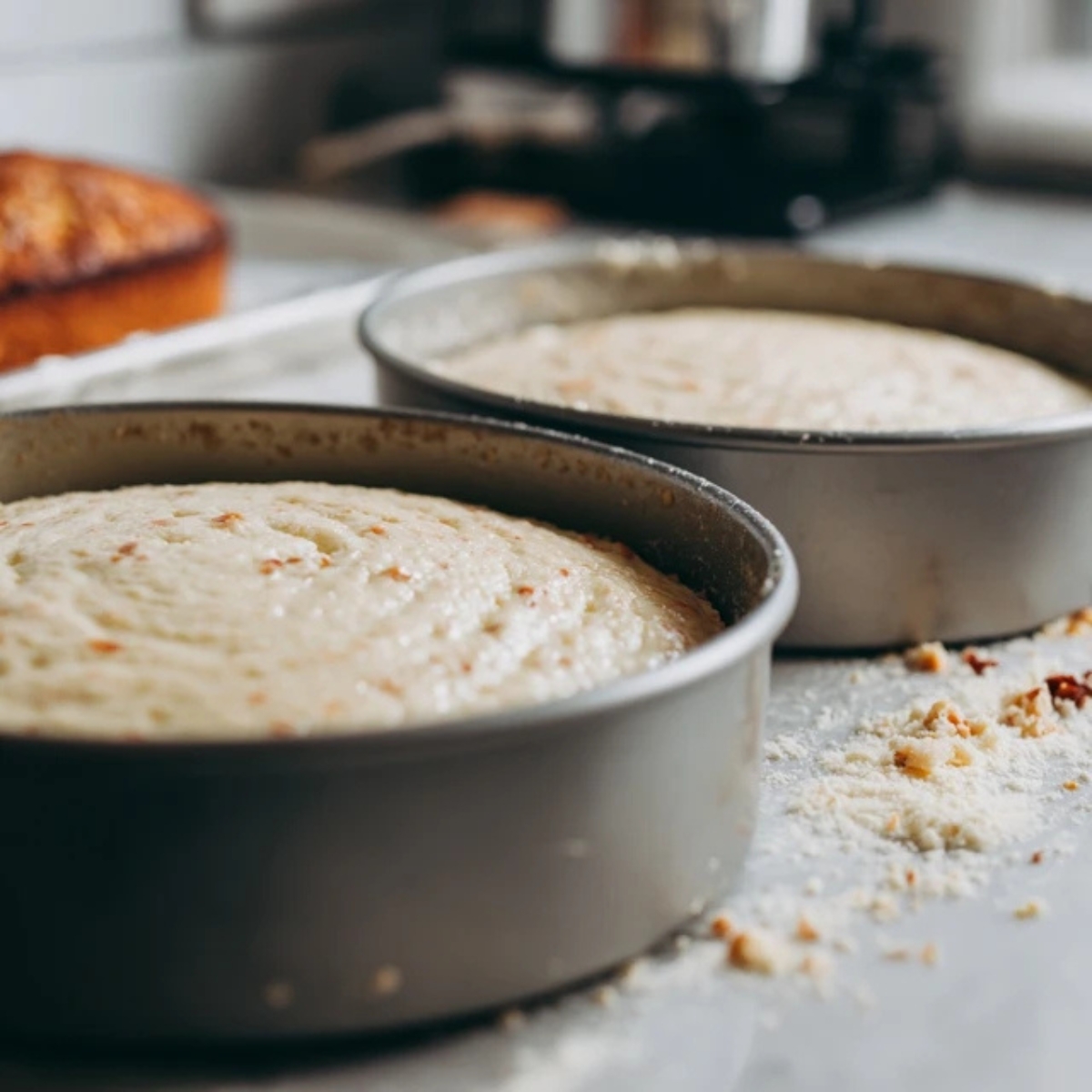 Filled cake pans with lime batter on kitchen counter