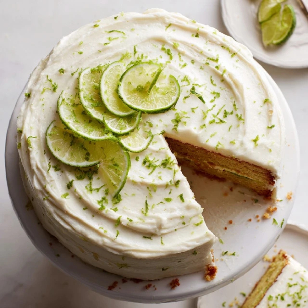 Homemade Key Lime Cake with cream cheese frosting and lime garnish
