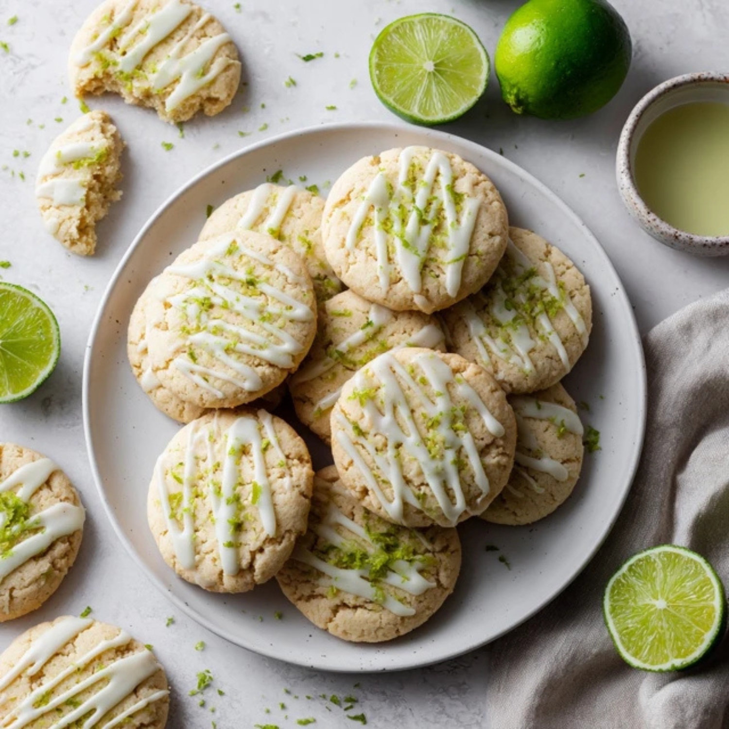 Glazed key lime cookies on white plate with lime zest