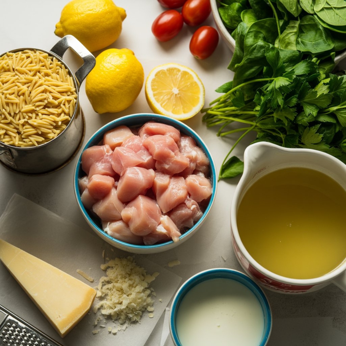 Flat lay of lemon chicken orzo pasta ingredients on white counter