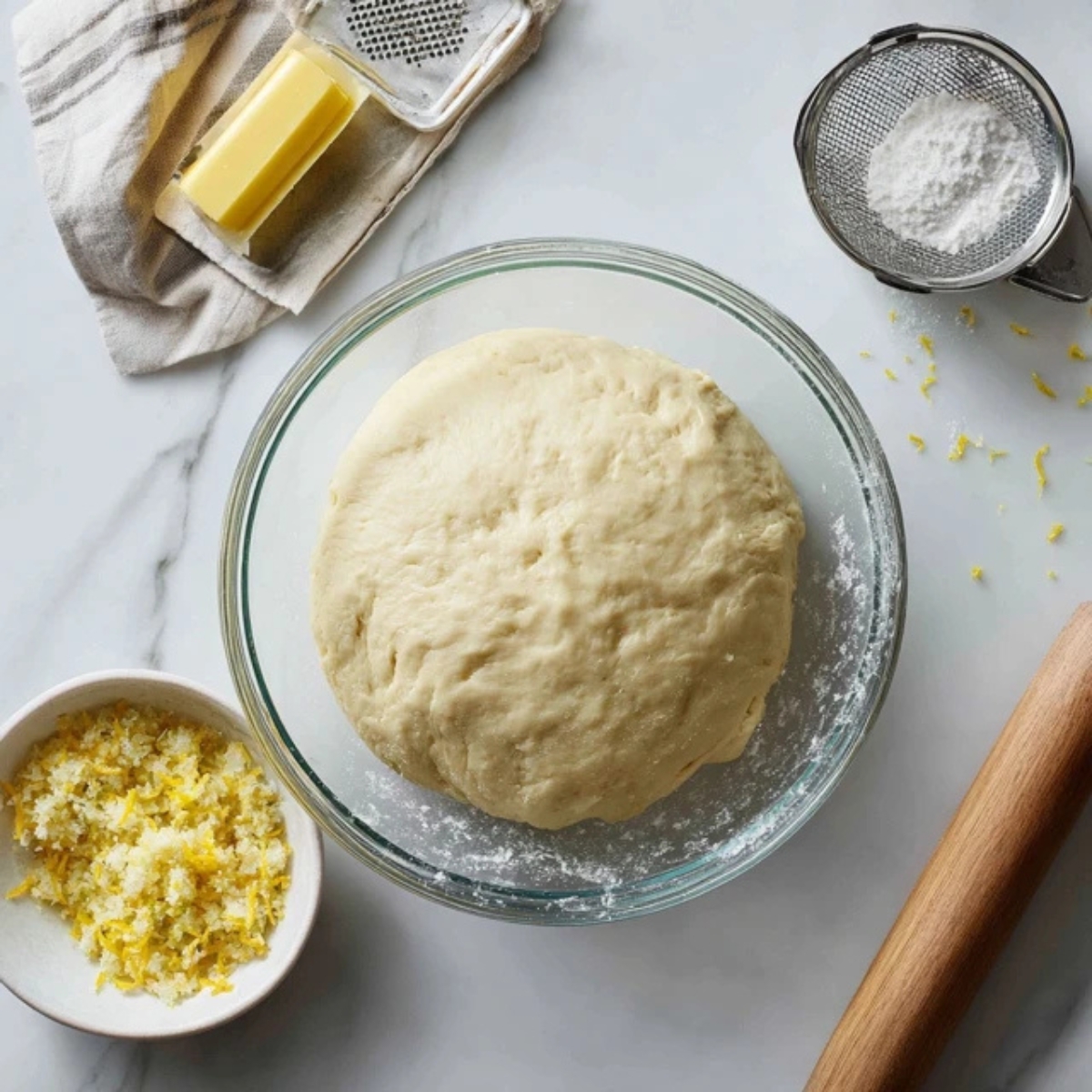Risen lemon roll dough and fresh lemon filling on white kitchen counter