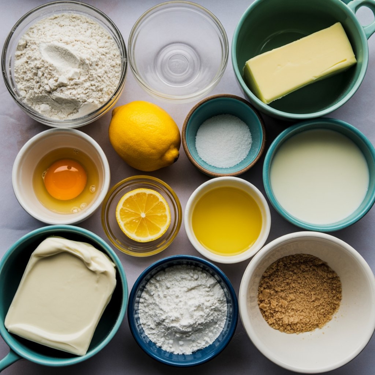 Ingredients for lemon sweet rolls on white kitchen counter

