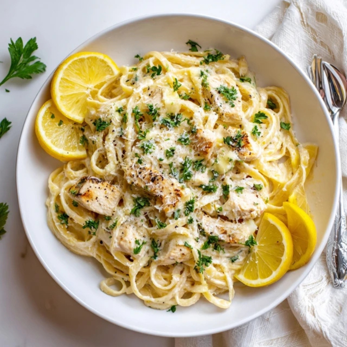 creamy lemon garlic chicken pasta in white bowl on kitchen counter